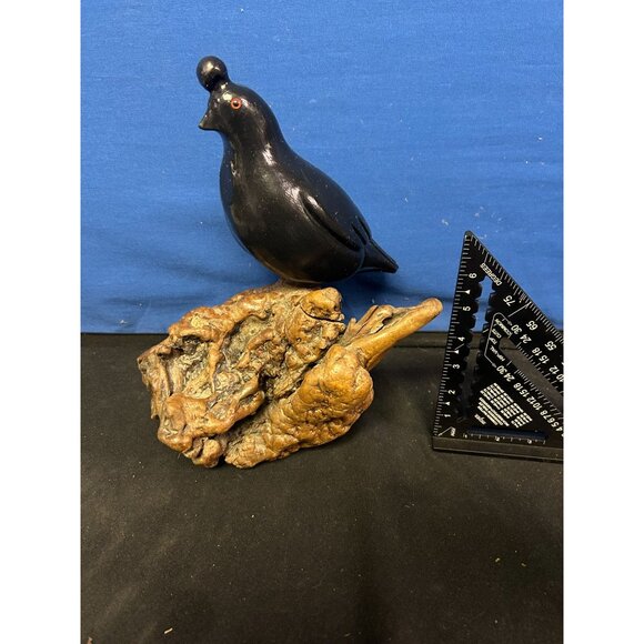 Hand-Carved Black Quail Figurine On Natural Wood Base Rustic Decor - Picture 2 of 5